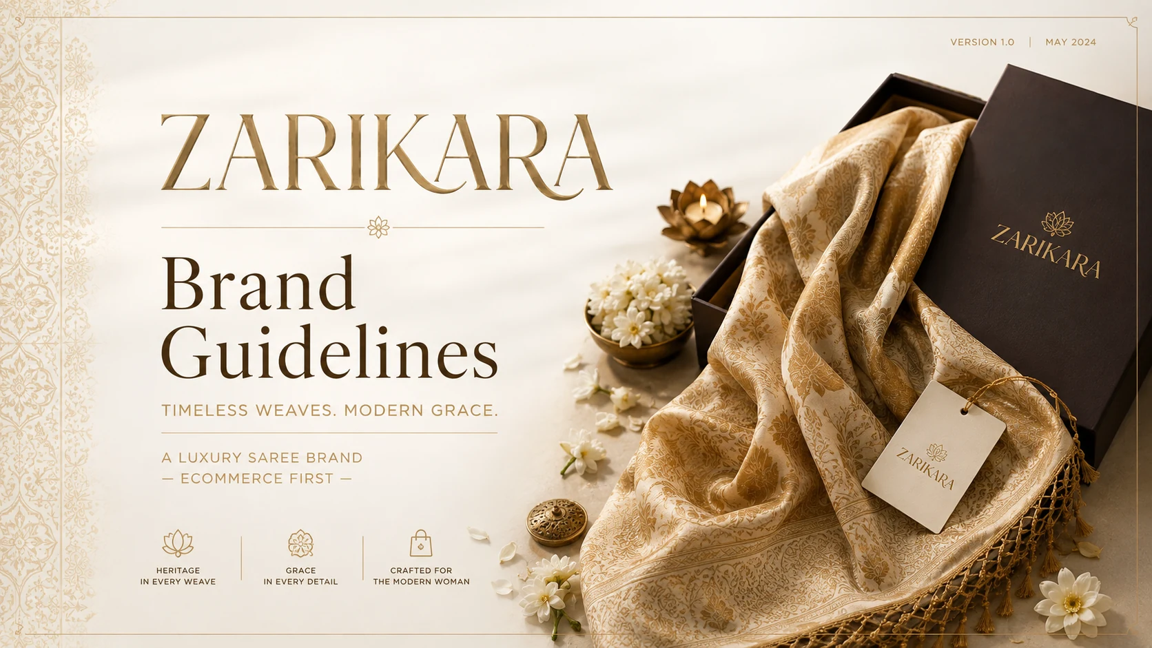 Zarikara &mdash; A timeless brand identity system for a luxury, ecommerce-first saree brand blending heritage weaves with modern gr