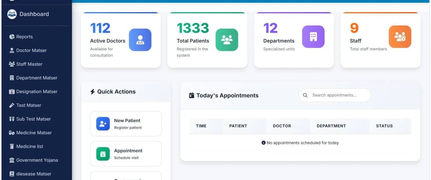 Hospital Project &mdash; A centralised digital platform covering OPD, IPD, pharmacy, billing and staff management for multi-department hospitals.